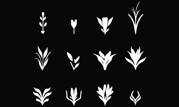 Flower leaf black logos. Grass company logo set