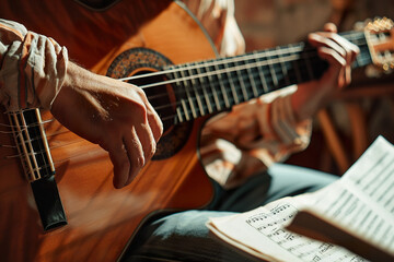 Young musician strumming an acoustic guitar with sheet music