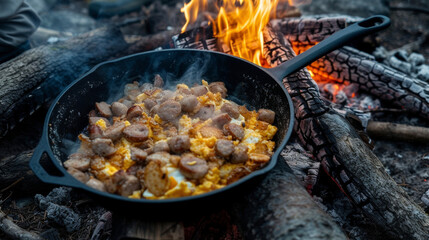 A rustic cast iron pan perched atop a dancing campfire holds a hearty breakfast of crispy hash browns scrambled eggs and succulent sausages. The campfire adds a touch of adventure