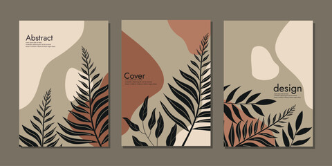 Botanical cover vector set. Hand draw template leaves and line art background for paper, Foliage line art drawing with abstract shape. Abstract Plant Art design for invitation, card, cover book, diary
