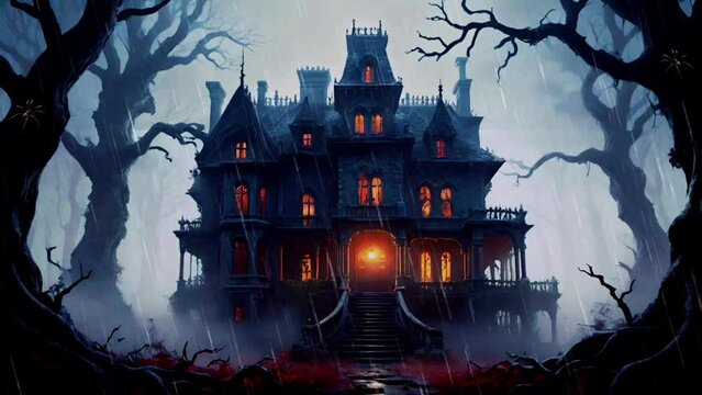 Halloween spooky haunted house in dark forest during rain illustration