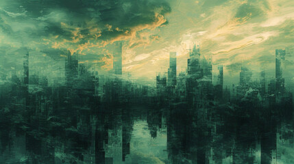 Dystopian Dreamscape A hauntingly beautiful abstract featuring desolate cityscapes and distorted perspectives evoking the eerie atmosphere of dystopian films. - obrazy, fototapety, plakaty