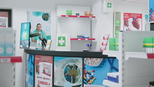Empty drugstore filled with nutrients and medical supplies, offering wide range of pharmaceuticals and nutritional products to clients. Pharmacy style marketplace selling prescription drugs.