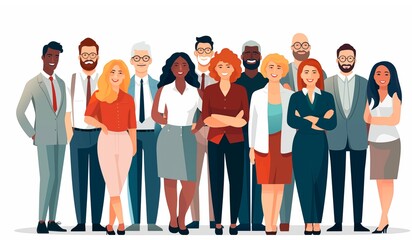 Flat illustration featuring a diverse group of people, such as entrepreneurs or office workers, standing together in unity, isolated on a white background.