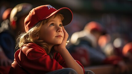 a boy in a baseball cap watching the game.