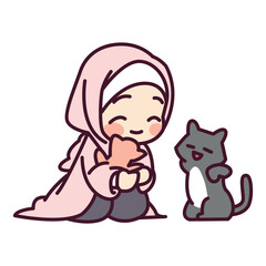 Cute a muslim girl and a cat cartoon illustration