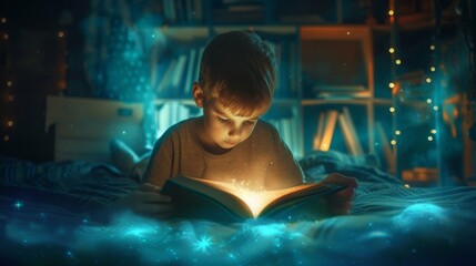 a cute young boy kids open and read nights stories, fairy tale story from a fantasy book and immerses with his childhood imagination in a creative magic world sitting in his room. Fantasy magic world