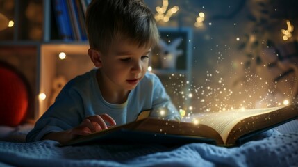 a cute young boy kids open and read nights stories, fairy tale story from a fantasy book and immerses with his childhood imagination in a creative magic world sitting in his room. Fantasy magic world
