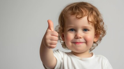 a toddler giving a thumbs up on white background