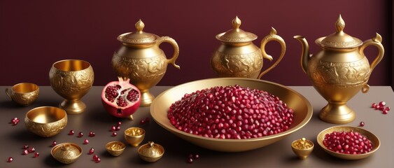 Obraz na płótnie Canvas Bowl of ruby pomegranates amid a treasure trove: cut fruit, gold coins, and cups.