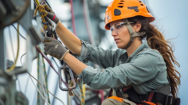 Woman working on high-altitude equipped with fall arrest device for worker