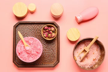Fototapeten Composition with cosmetic products and dried rose flowers on pink background © Pixel-Shot