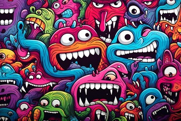 Monster Graffiti Background, Colorful graffiti cartoon monster characters background, cartoon...