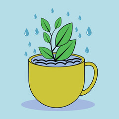 A green plant sprout being watered with droplets of water, growing strong on a flat yellow ceramic cup-shaped vessel, with a light blue background behind and a bluish shadow beneath the cup.