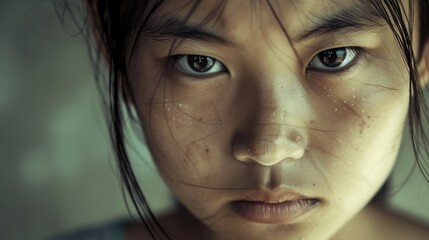 A teenage Asian girl with a determined look in her eyes despite the adversity she has faced due to her ethnicity.