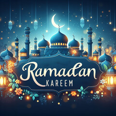 blue background with a light banner, crescent moon, and light effects with the word "RAMADAN KAREEM"