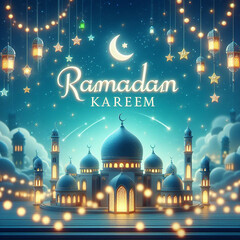blue background with a light banner, crescent moon, and light effects with the word "RAMADAN KAREEM"