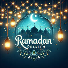 blue background with a light banner, crescent moon, and light effects with the word "RAMADAN KAREEM"