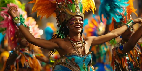 Abwaschbare Fototapete Beautiful dancer woman in costum and carnival make up in rio de janeiro carnival event her face ful of joy and happiness colorful clothes full of feathers © Erzsbet