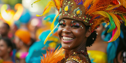 close portraid of Beautiful dancer woman in costum and carnival make up in rio de janeiro carnival...