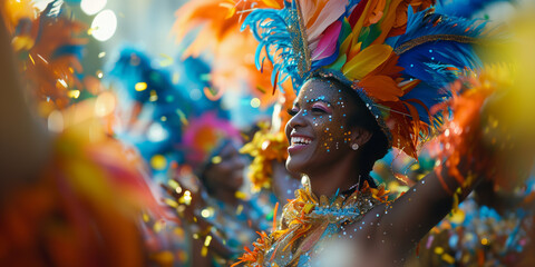 Beautiful dancer black woman in costum and carnival make up in rio de janeiro carnival event her face ful of joy and happiness colorful clothes full of feathers