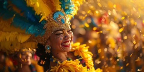 Photo sur Plexiglas Carnaval Beautiful dancer woman in costum and carnival make up in rio de janeiro carnival event her face ful of joy and happiness colorful clothes full of feathers