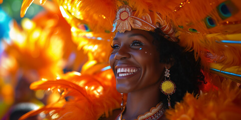 close portraid of Beautiful dancer woman in costum and carnival make up in rio de janeiro carnival event her face ful of joy and happiness orange clothes full of feathers