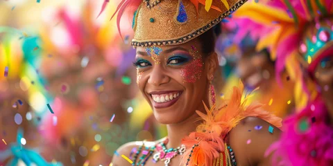 Cercles muraux Carnaval Beautiful dancer woman in costum and carnival make up in rio de janeiro carnival event between confettis her face ful of joy and happiness colorful clothes full of feathers