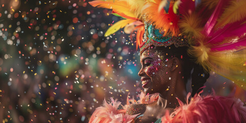 Fototapeta na wymiar close shoot of a Beautiful dancer woman in costum and carnival make up in rio de janeiro carnival event between confettis her face ful of joy and happiness colorful clothes full of feathers