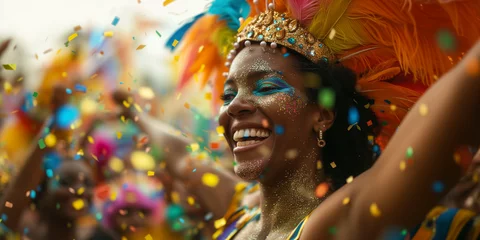 Cercles muraux Carnaval close shoot of a Beautiful dancer woman in costum and carnival make up in rio de janeiro carnival event between confettis her face ful of joy and happiness colorful clothes full of feathers