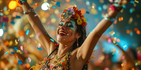 close shoot of a Beautiful dancer woman in costum and carnival make up in rio de janeiro carnival...
