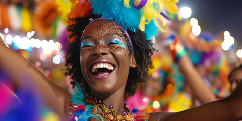 close shoot of a Beautiful dancer woman in costum and carnival make up in rio de janeiro carnival...