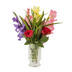 Bouquet of mixed flowers and leaves in vase isolated on transparent background