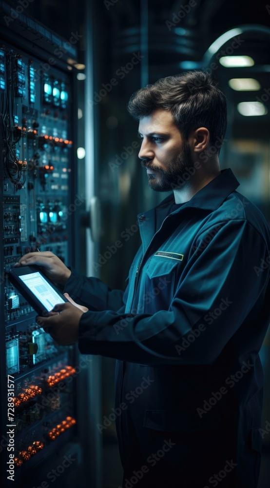 Poster A man in a blue shirt is standing in front of a computer. Generative AI.