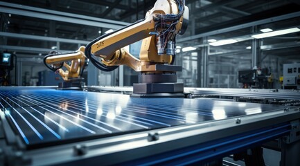 Robotic arms on a production line in an industrial factory. Generative AI.