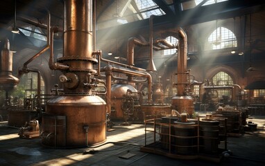 A large room with lots of copper pipes and other equipment. Generative AI.