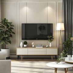 A contemporary living room featuring a wall-mounted flat-screen TV above a minimalist console table, adorned with indoor plants and subtle decor pieces.