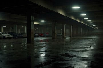 A dark parking garage with cars parked in it. Generative AI.