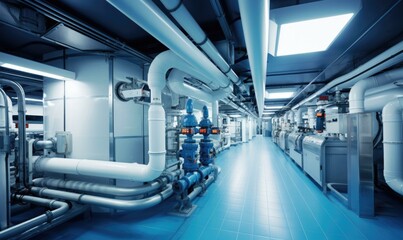 Obraz premium A long hallway with pipes and valves. Generative AI.