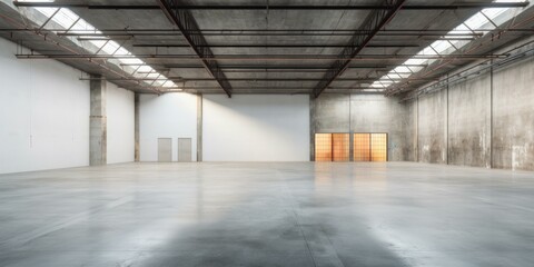 An empty warehouse with concrete floors and a large window. Generative AI.
