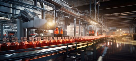 A factory with bottles of alcohol on a conveyor belt. Generative AI.