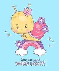 Obraz na płótnie Canvas Cute groovy snail character. Funny insect kawaii on rainbow in retro style. Trendy vector illustration. Cool poster with slogan in 70s style