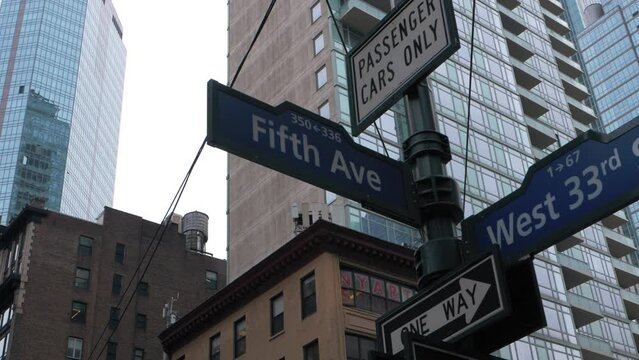 new york city street sign at the fifth avenue and the west 33rd, manhattan, New York