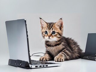 ノートパソコンを見る可愛い子猫