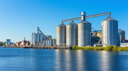 Rows of towering silos standing tall next to the water filled with different types of grain awaiting export.