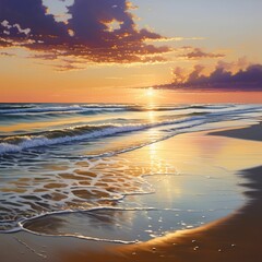 A serene beach at dawn, with golden sunlight painting the sky and reflecting off gentle waves.