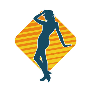 recommend clip art: Silhouette of a female cabaret dancer in action pose. Silhouette of a fancy outfit woman dancing happily.