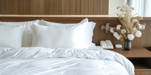 Fototapeta na wymiar White pillows, duvet case on bed. Elegant bedroom with white bedding and wooden wardrobe table with decoration. Interior design detail