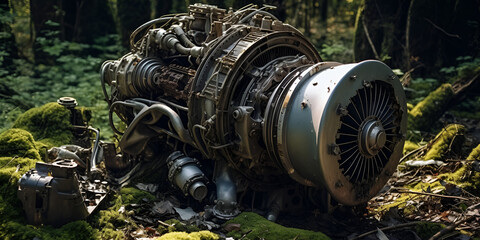 A broken airplane jet engine repaired in hangar.