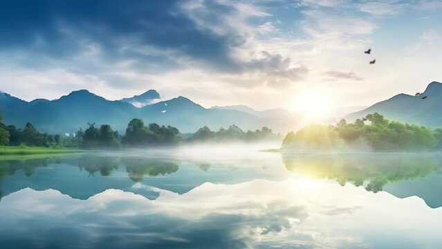 panoramic view of sunrise over the lake. lake and mountains. seamless looping overlay 4k virtual video animation background 